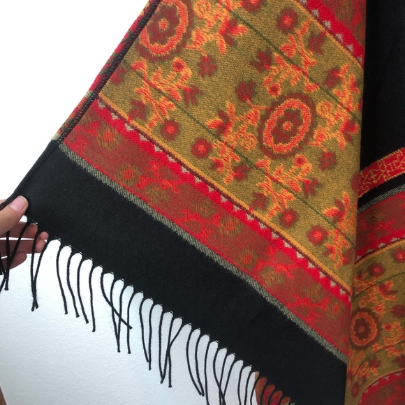 Parsley & Sage black shawl cape scarf fringe floral color block bohemian autumn - Picture 4 of 8